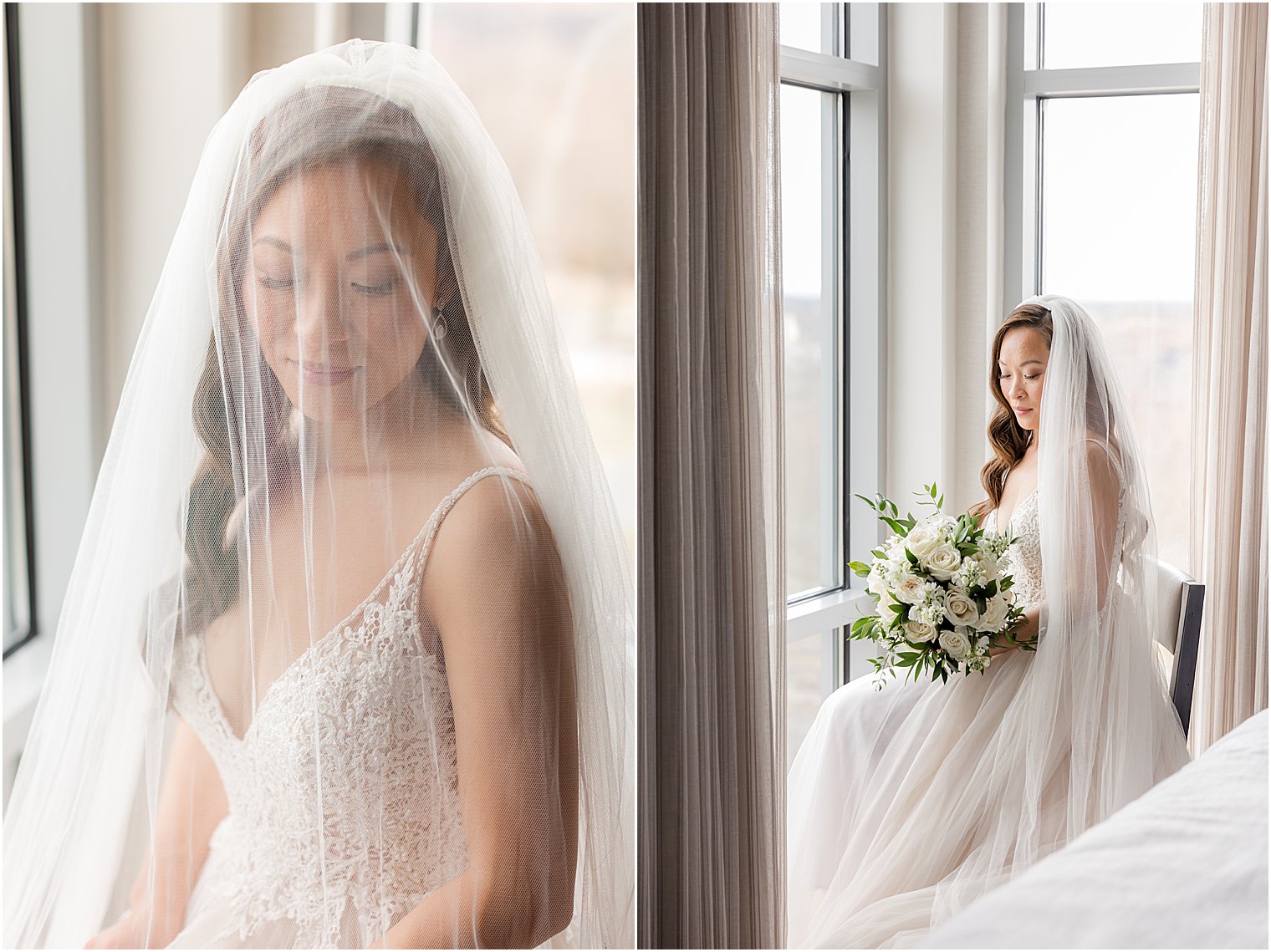 bride holds bouquet posing in window of suite at The Lodge at Stirling Ridge