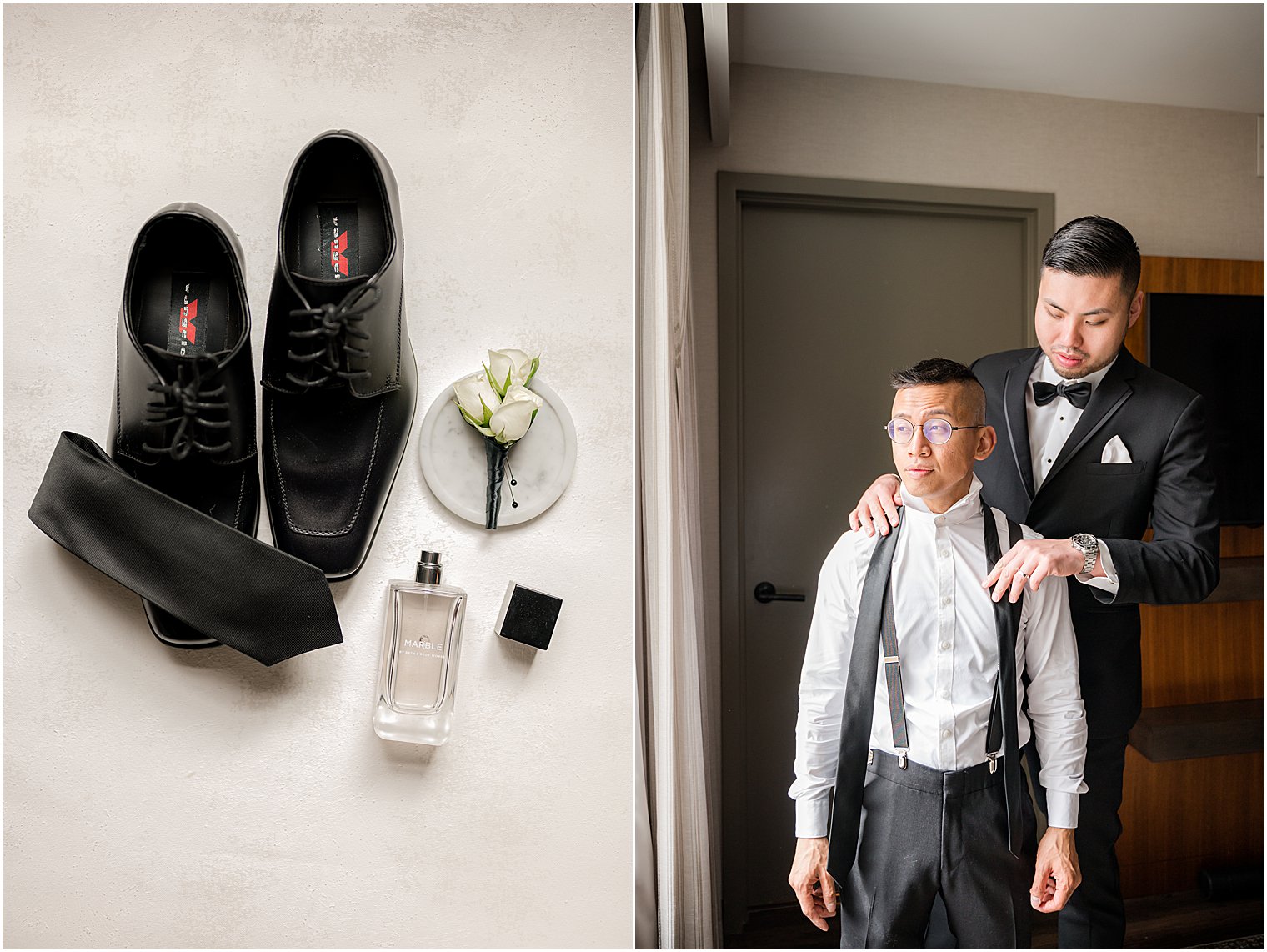 groomsman helps groom prep for NJ wedding