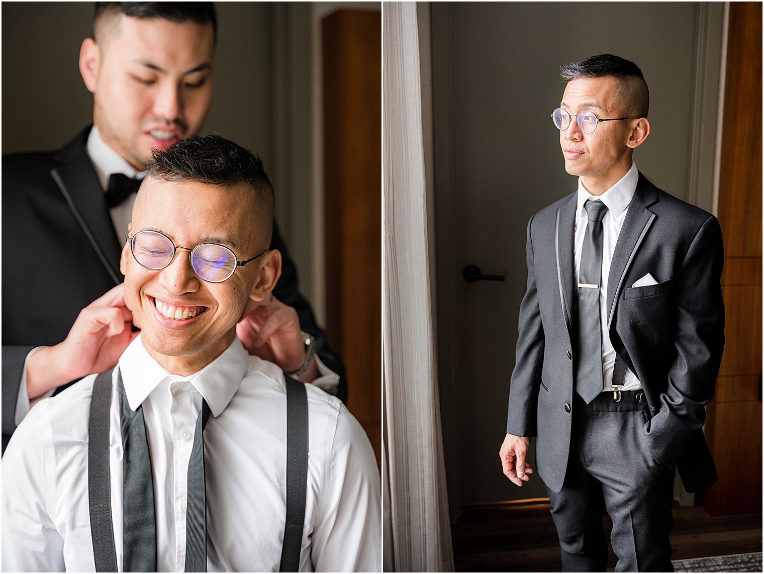 groomsman helps groom with tie