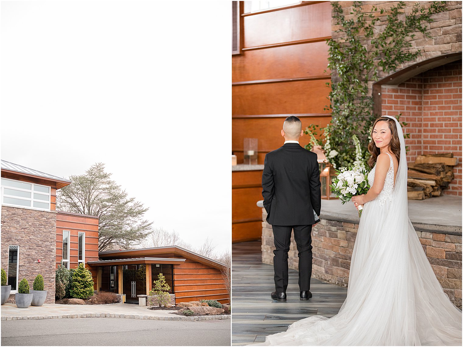 bride approaches groom for first look at The Lodge at Stirling Ridge