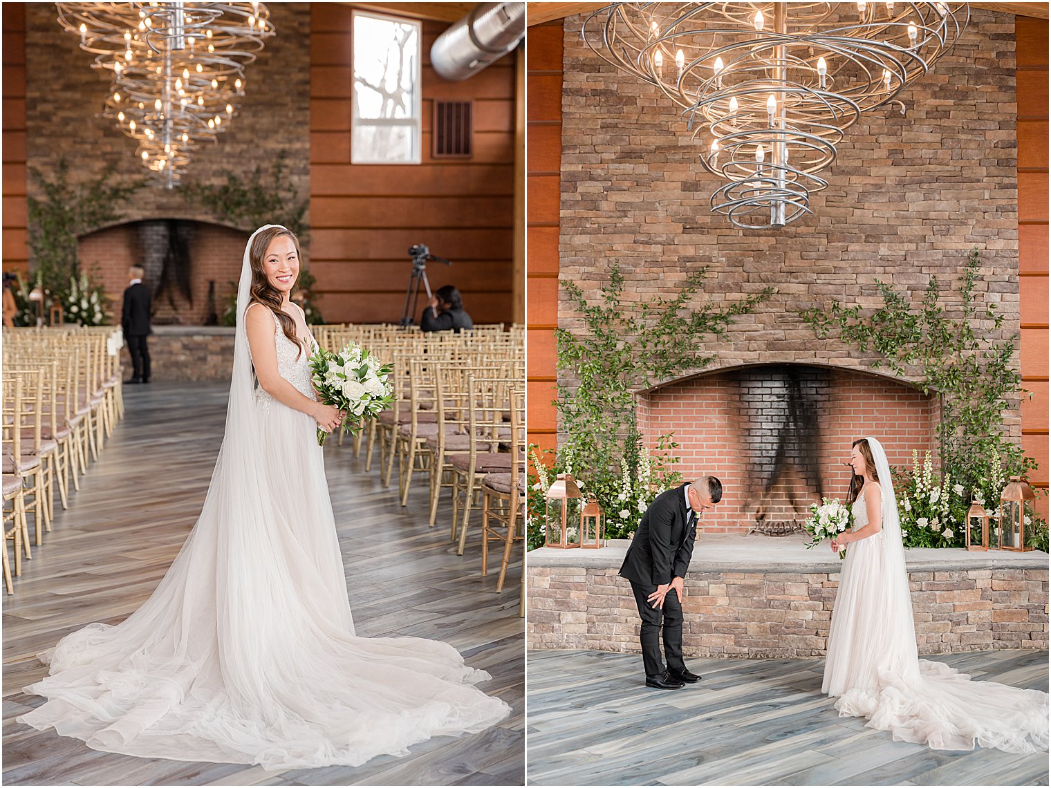 bride and groom have first look by stone fireplace at The Lodge at Stirling Ridge