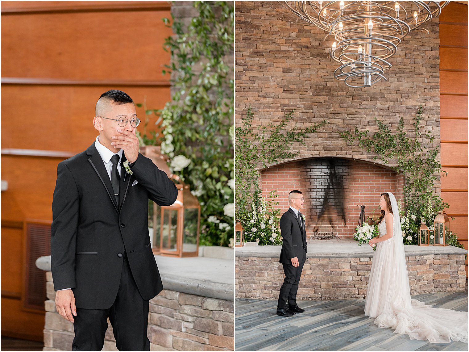 groom cries during first look by stone fireplace