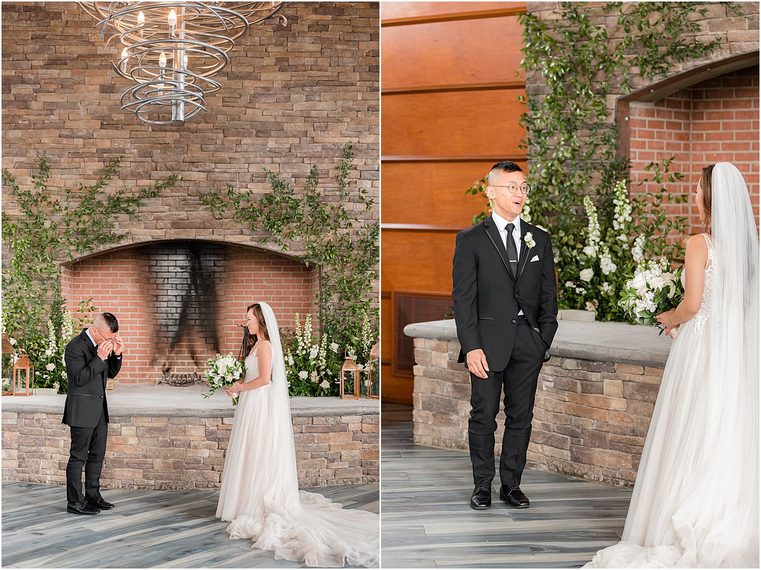 New Jersey wedding day first look by stone fireplace 