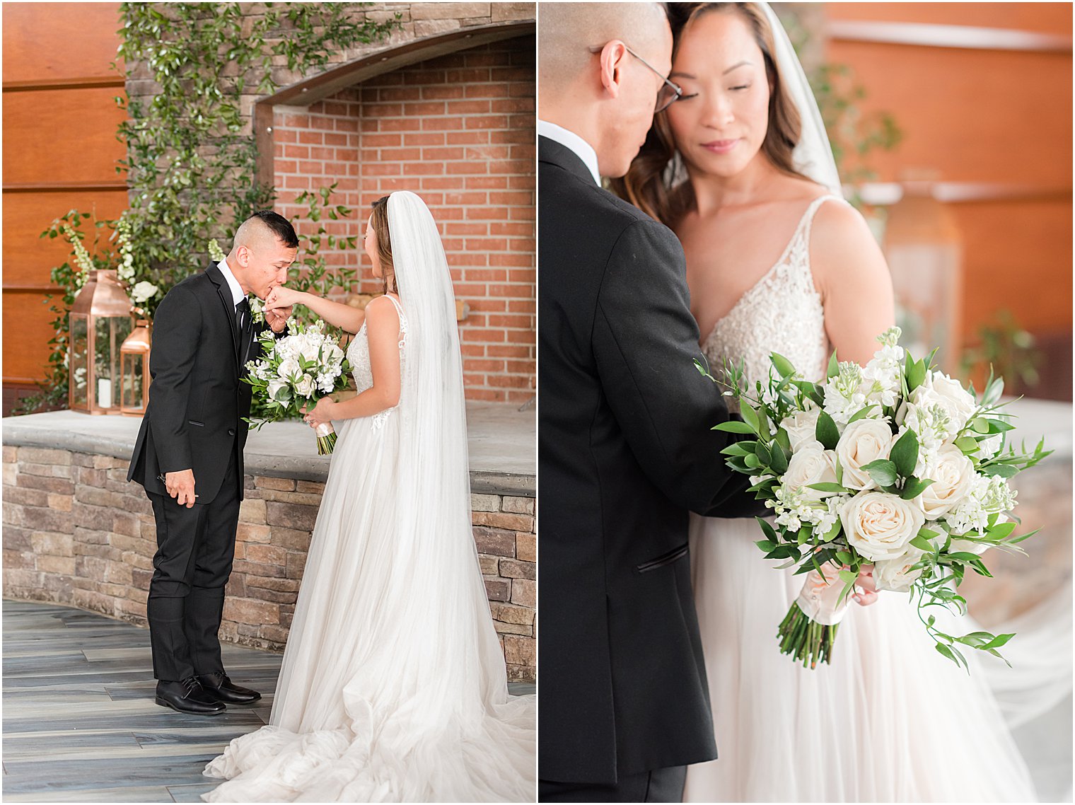 newlyweds pose by stone fireplace at The Lodge at Stirling Ridge