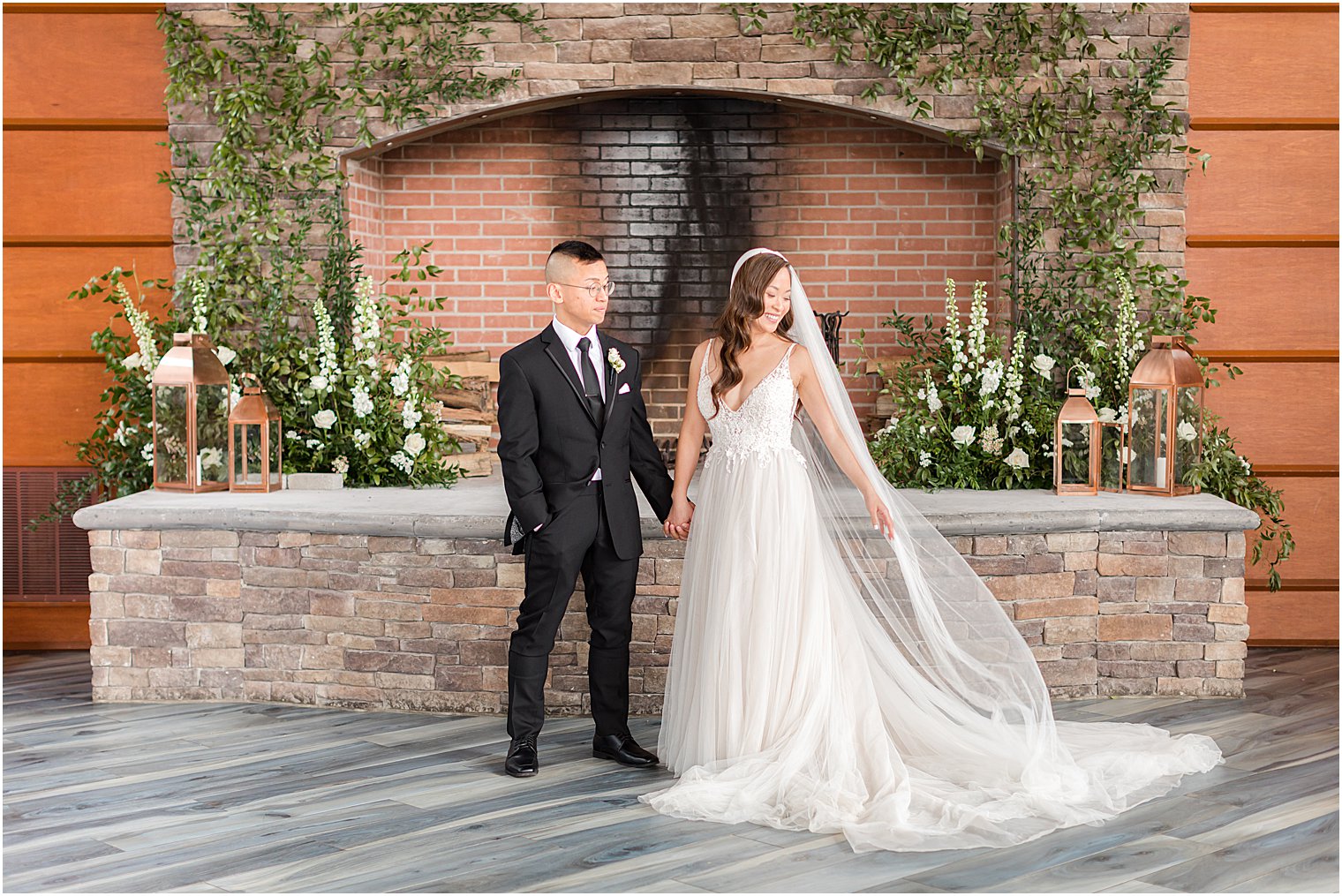 bride shows off gown during first look