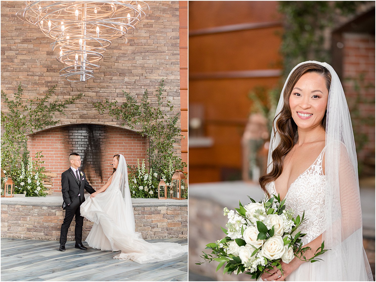 bride and groom stand together by stone fireplace at The Lodge at Stirling Ridge