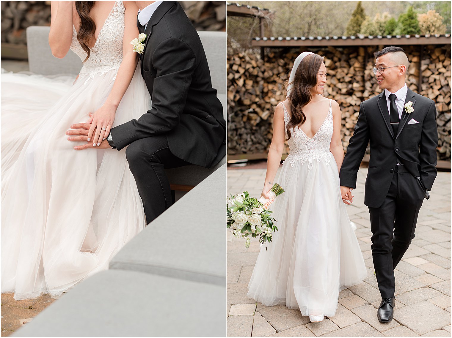 newlyweds walk through patio in Warren NJ