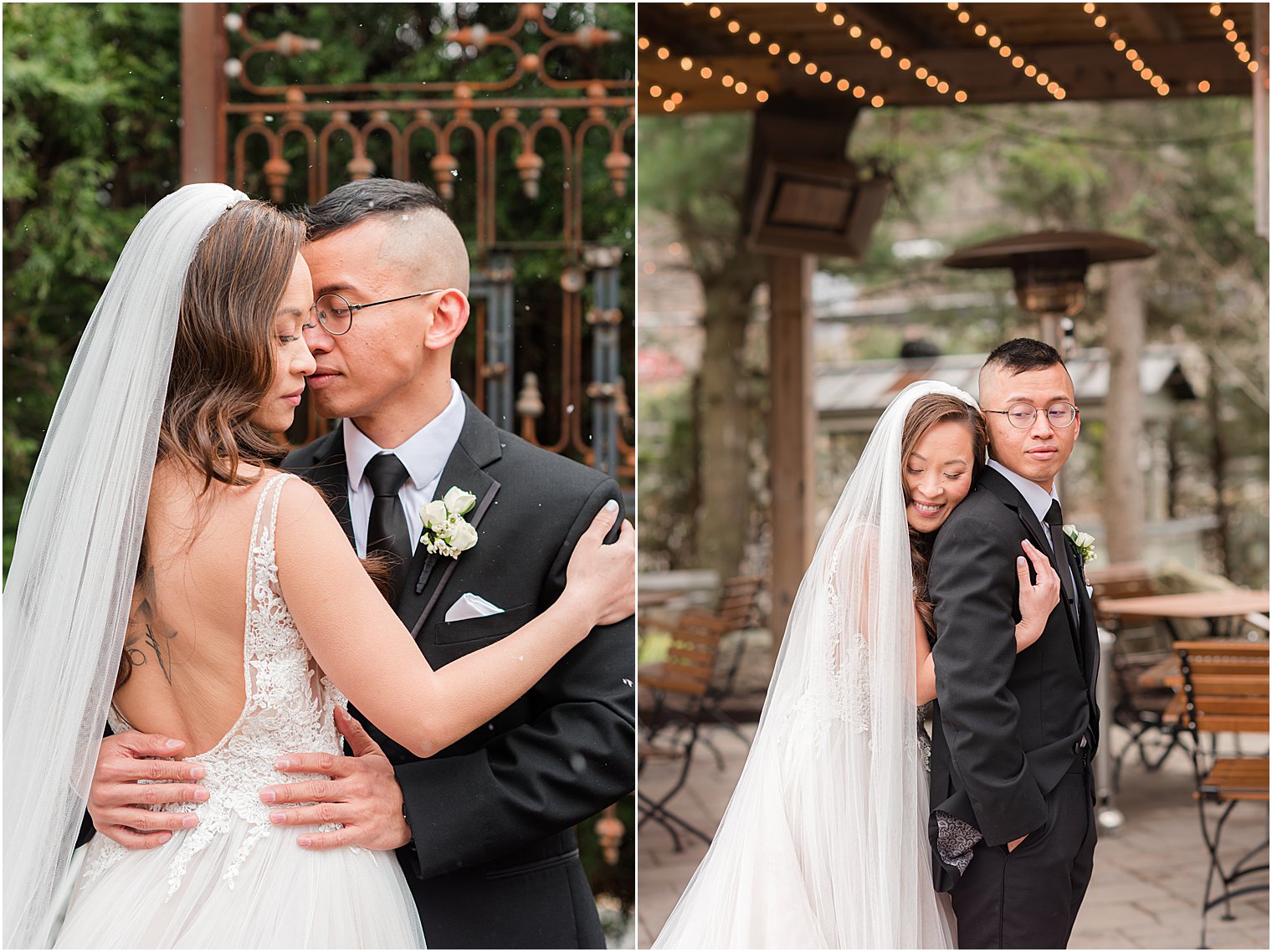 bride and groom hug under lights on patio at The Lodge at Stirling Ridge