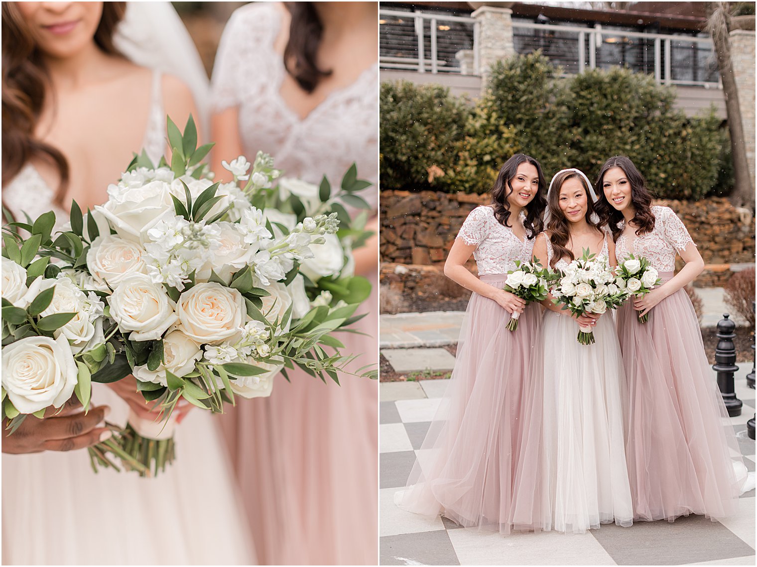 bride poses with bridesmaids in pale pink gowns