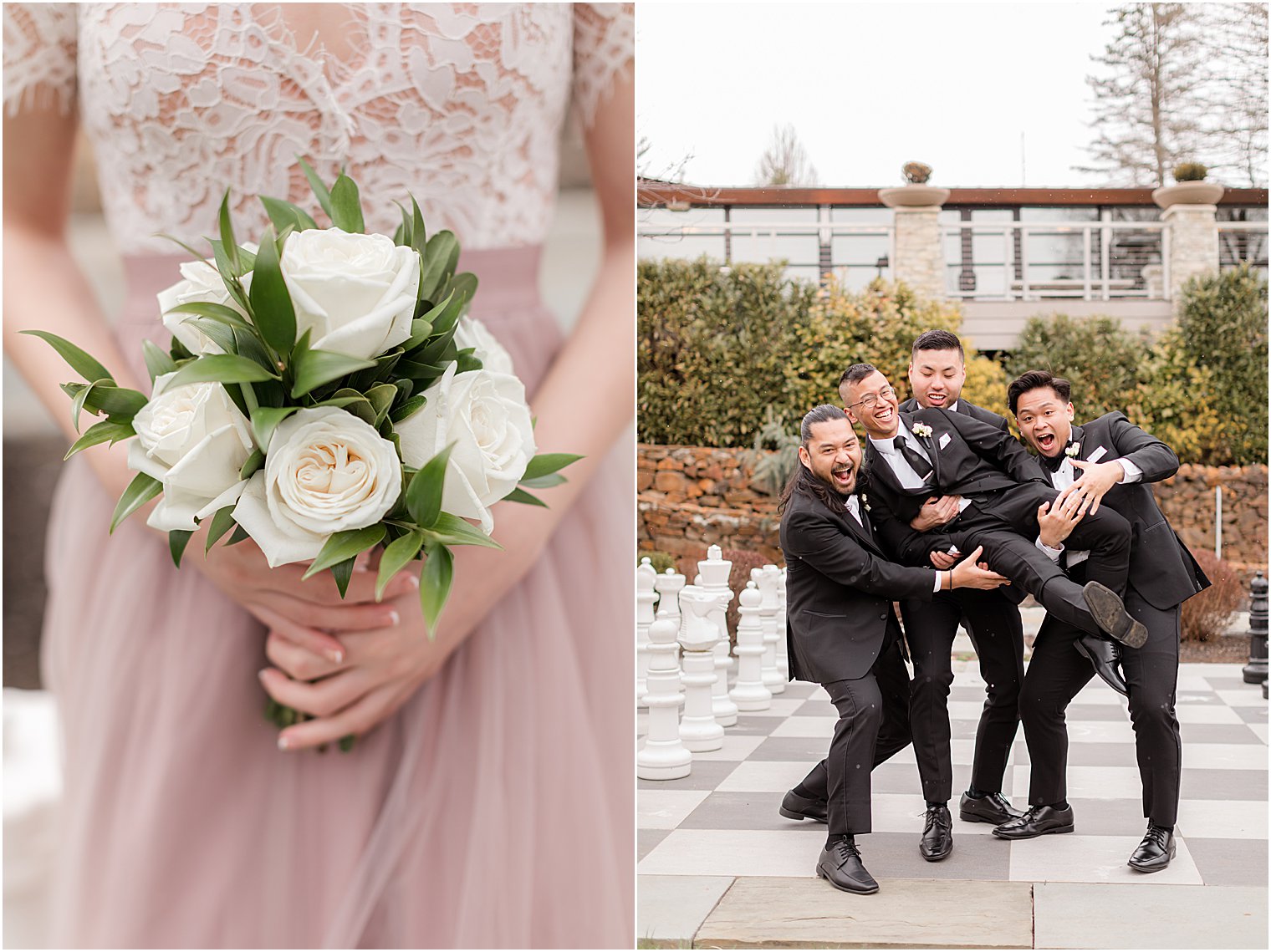 bridesmaid holds bouquet of white flowers and groomsmen goof off