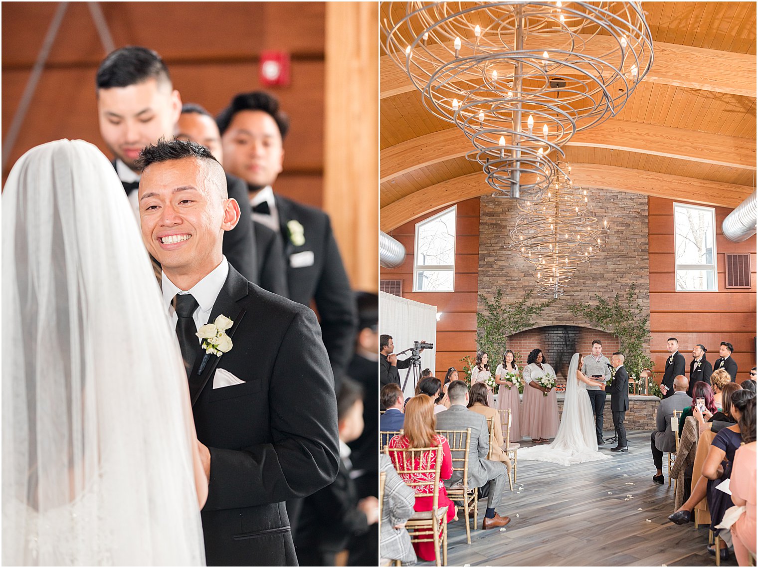 The Lodge at Stirling Ridge wedding ceremony by stone fireplace