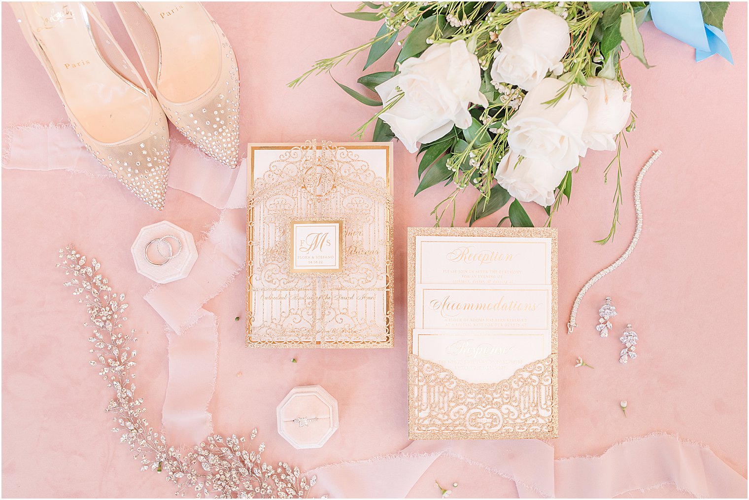 bride's pink and ivory details for NJ wedding day
