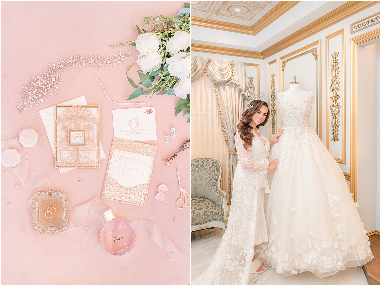 bride poses with wedding gown next to details at The Manor