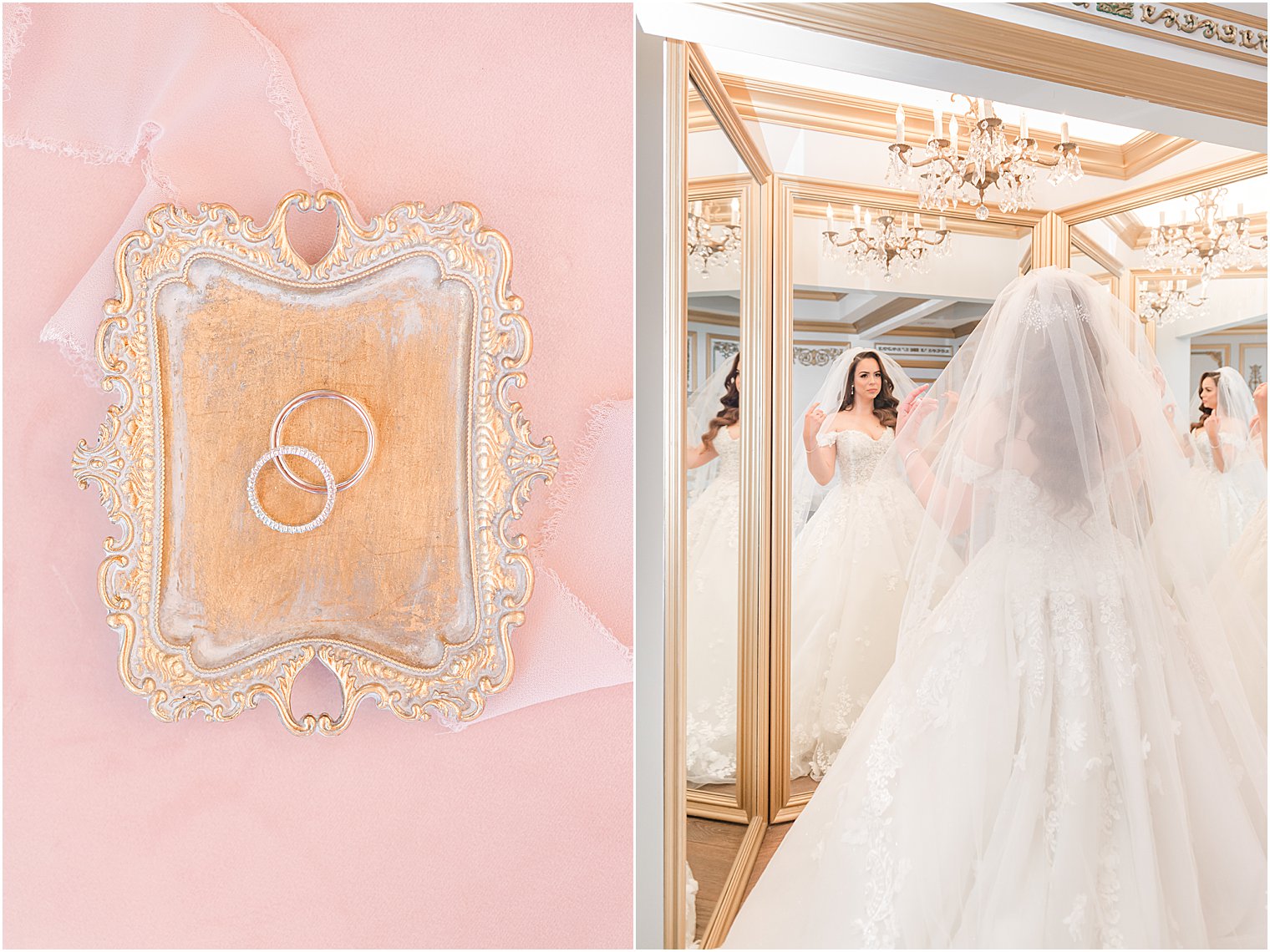bride looks in mirror with gold edging 
