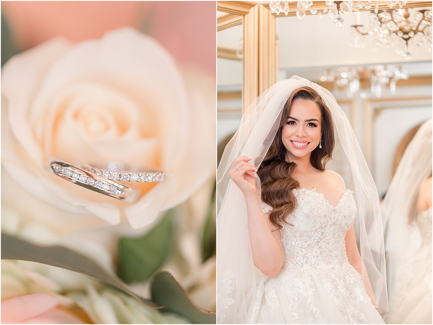 bride holds veil smiling during prep at The Manor