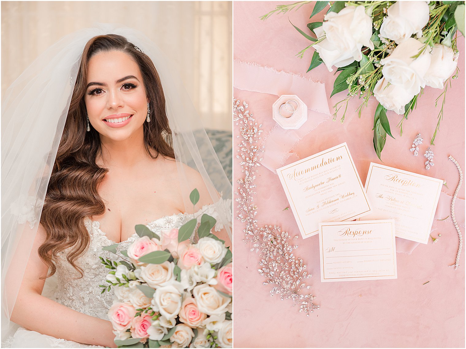 bride holds bouquet of pink and white flowers at The Manor