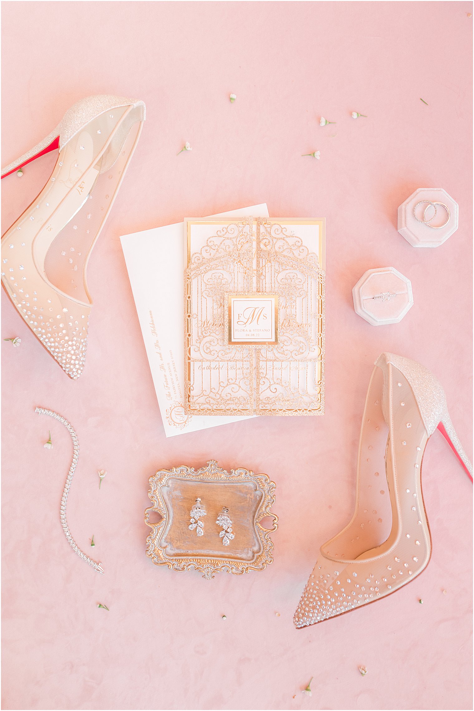 bride's nude heels and invitation suite for spring wedding