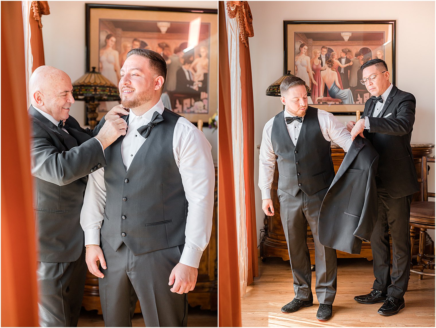 groom has bowtie adjusted by father
