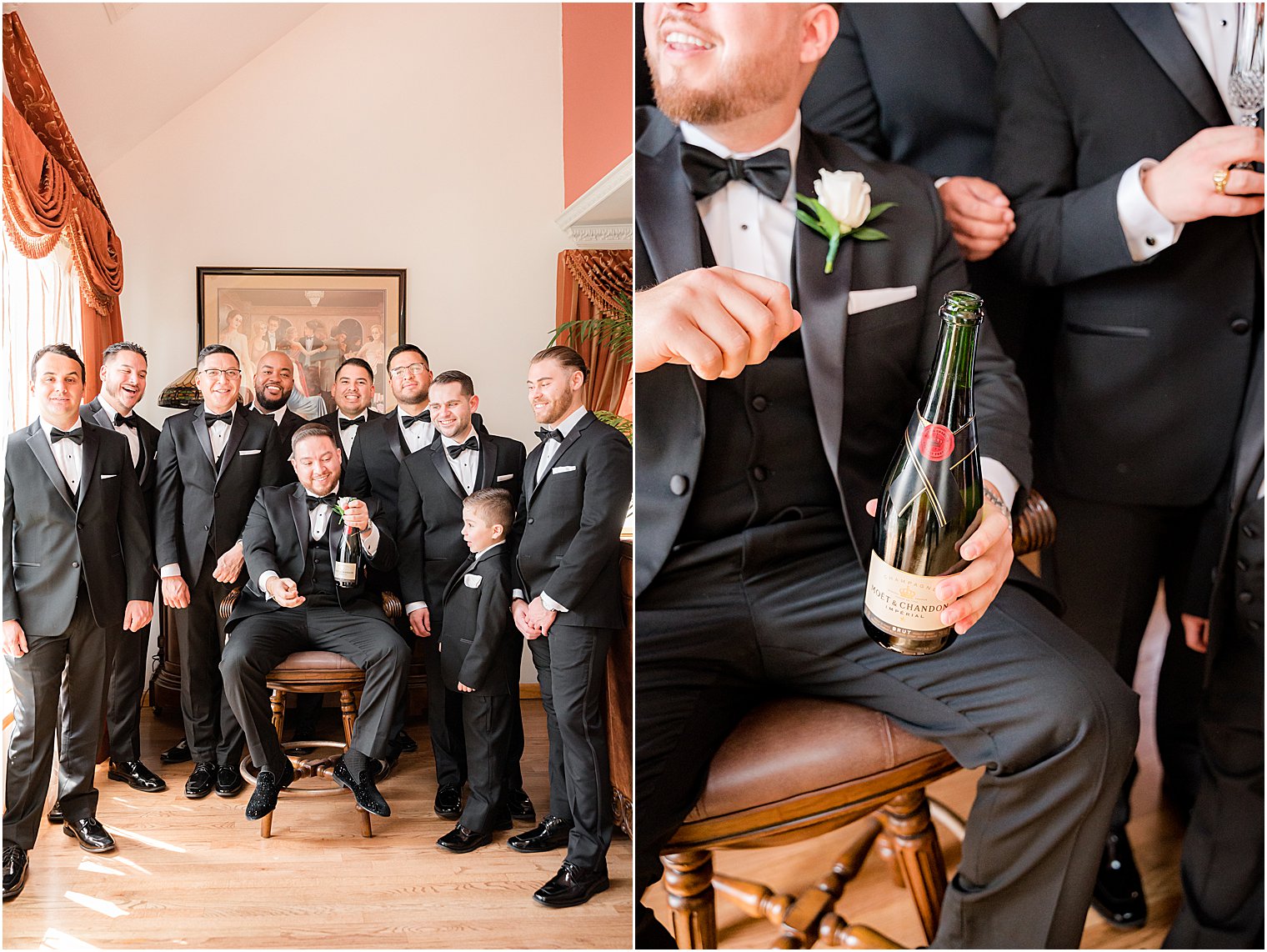 groom sits with bottle of bourbon