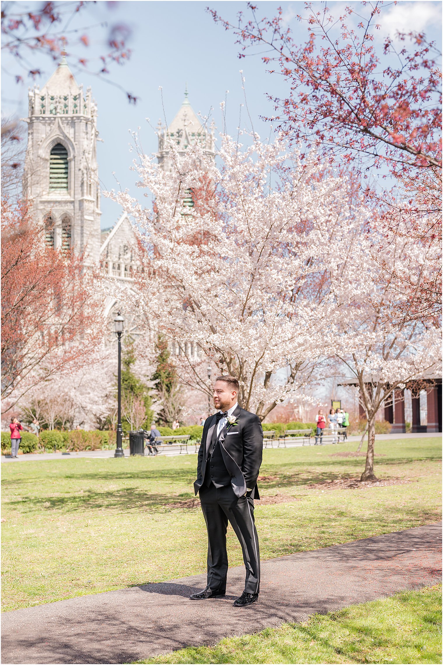 groom waits for bride for first look in Newark NJ