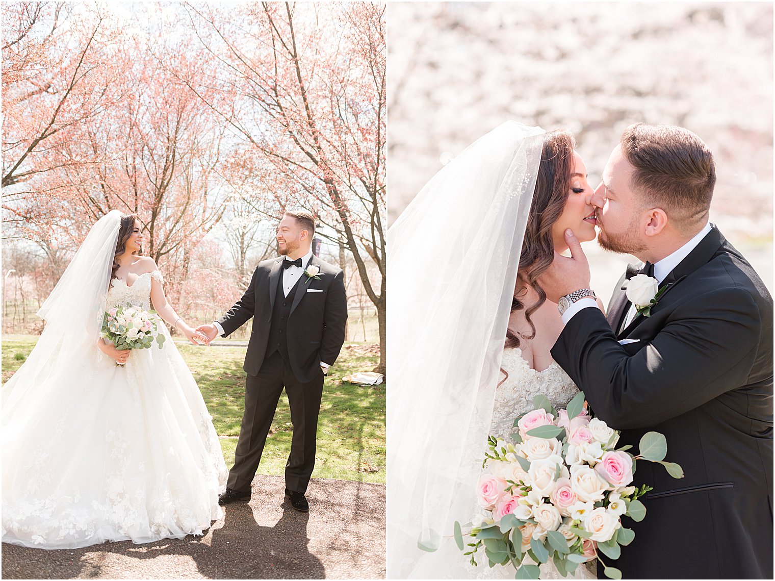 bride and groom kiss during portraits under cherry blossoms 