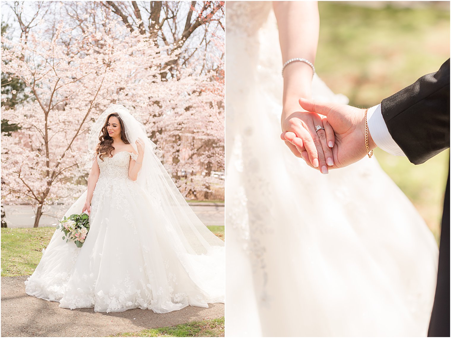 bride in ballgown poses by pink cherry tree