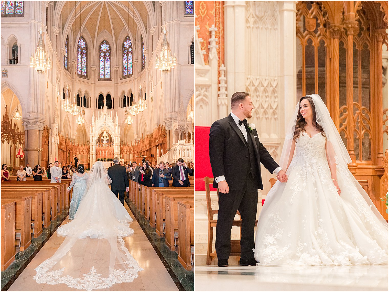 bride walks down aisle with father during Catholic wedding ceremony at Cathedral Basilica of the Sacred Heart