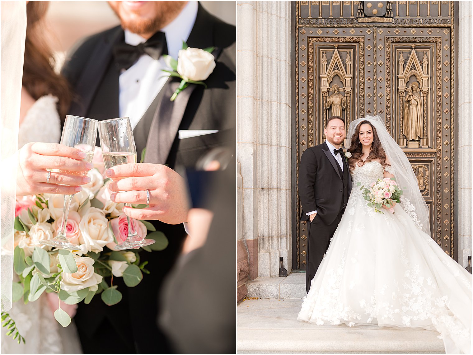 couple poses by doors of the Cathedral Basilica of the Sacred Heart