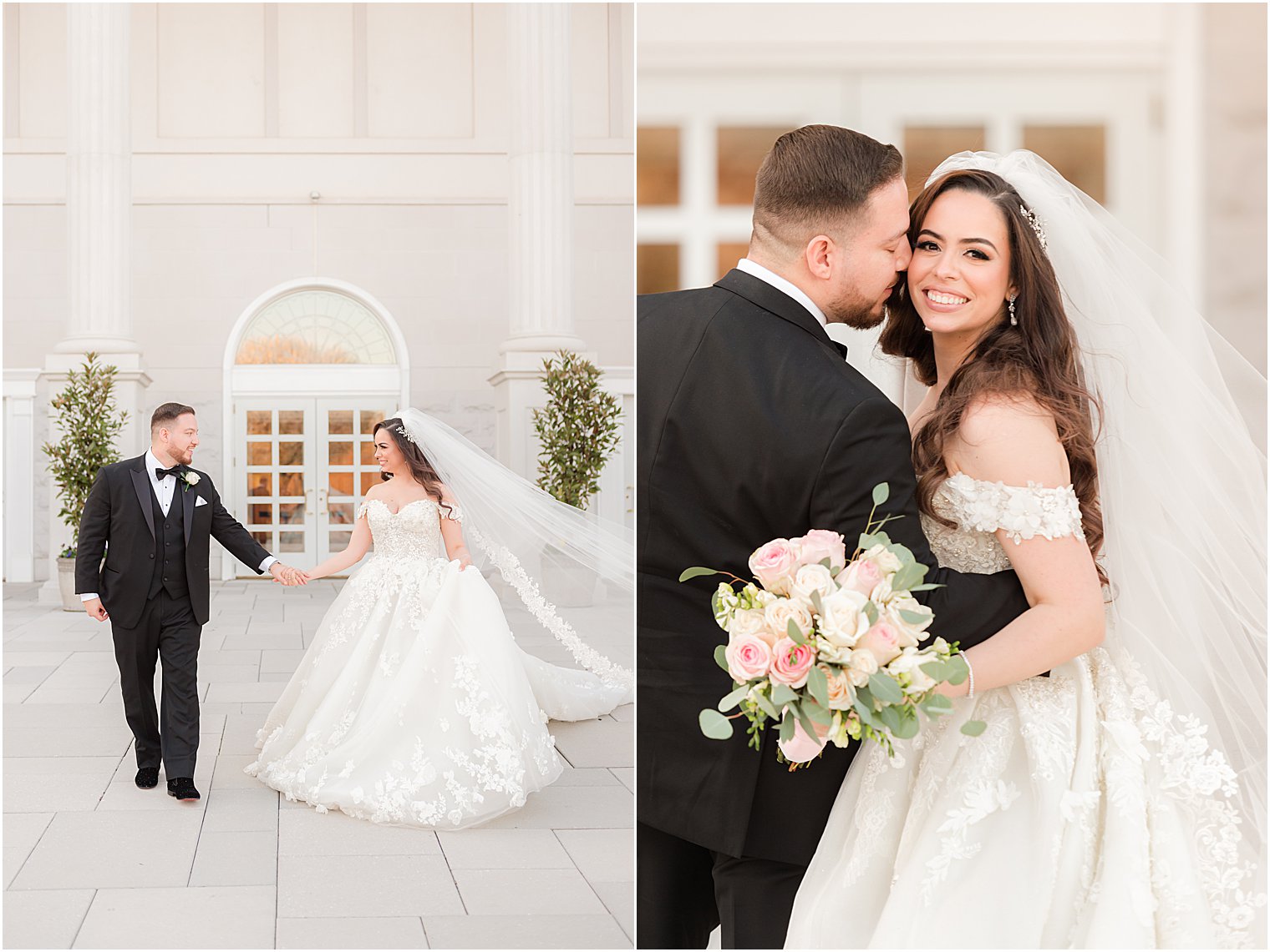 groom hugs bride during portraits outside The Palace at Somerset Park