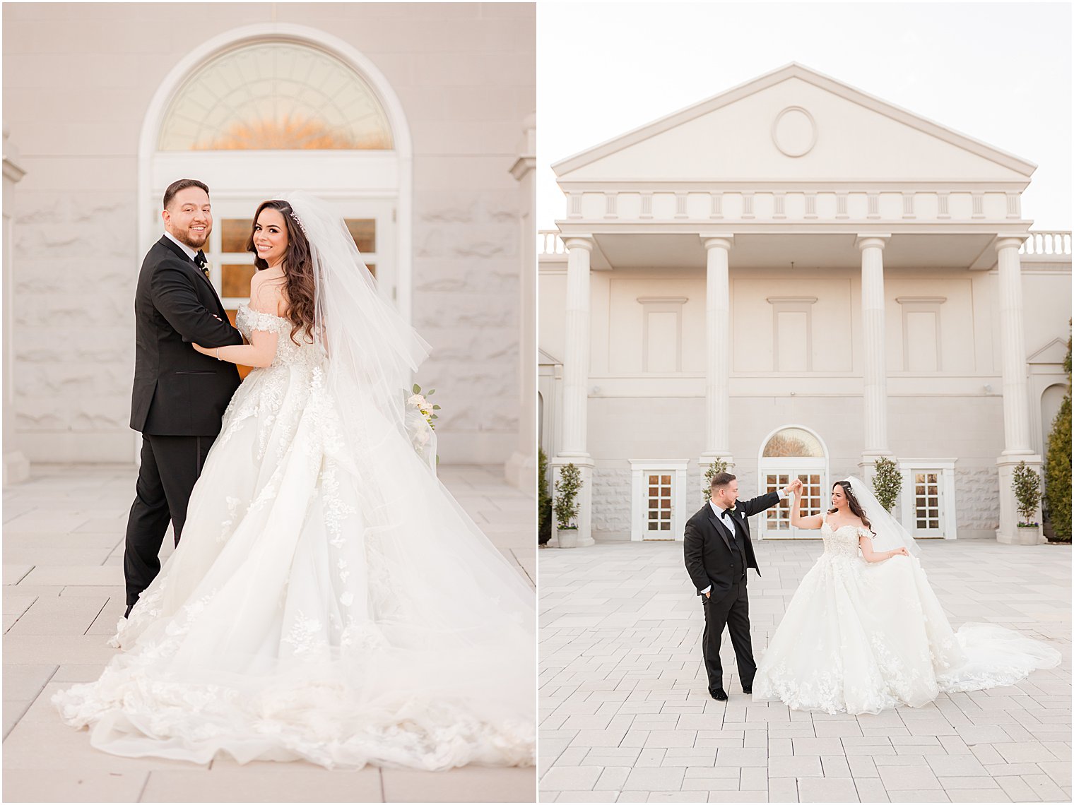 couple poses together outside The Palace at Somerset Park