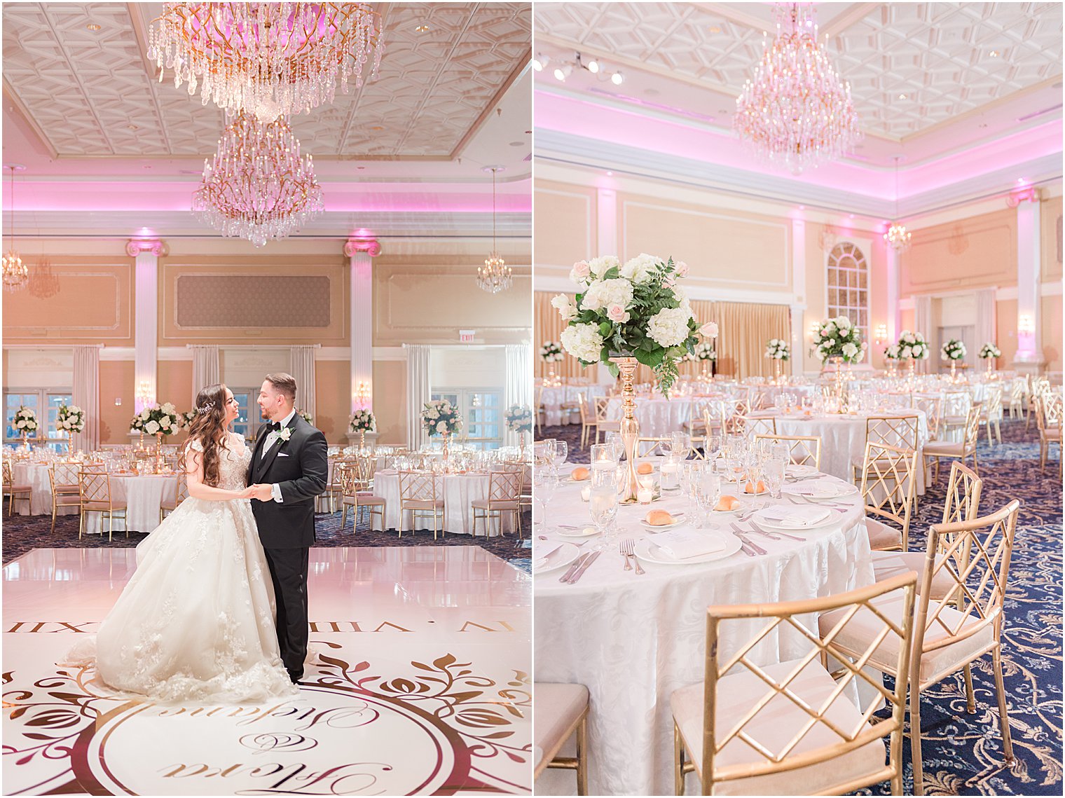 newlyweds pose on dance floor during The Palace at Somerset Park wedding reception 