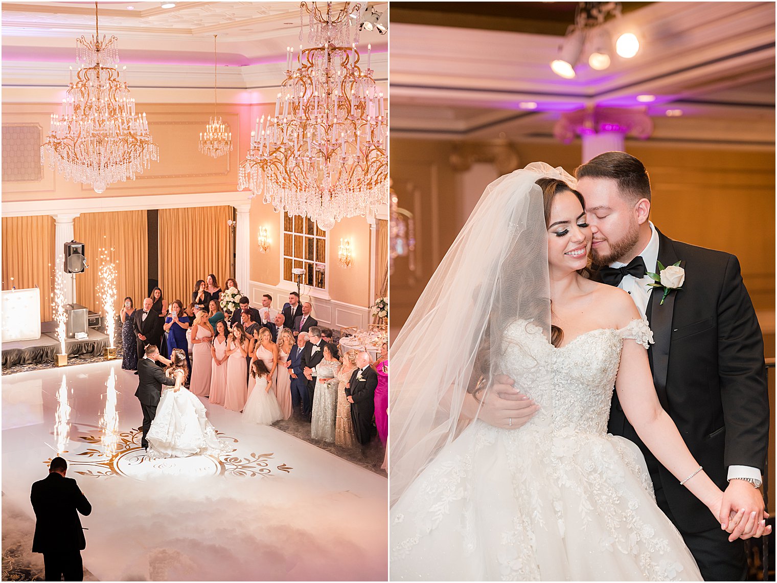 groom hugs bride on dance floor during reception at The Palace at Somerset Park