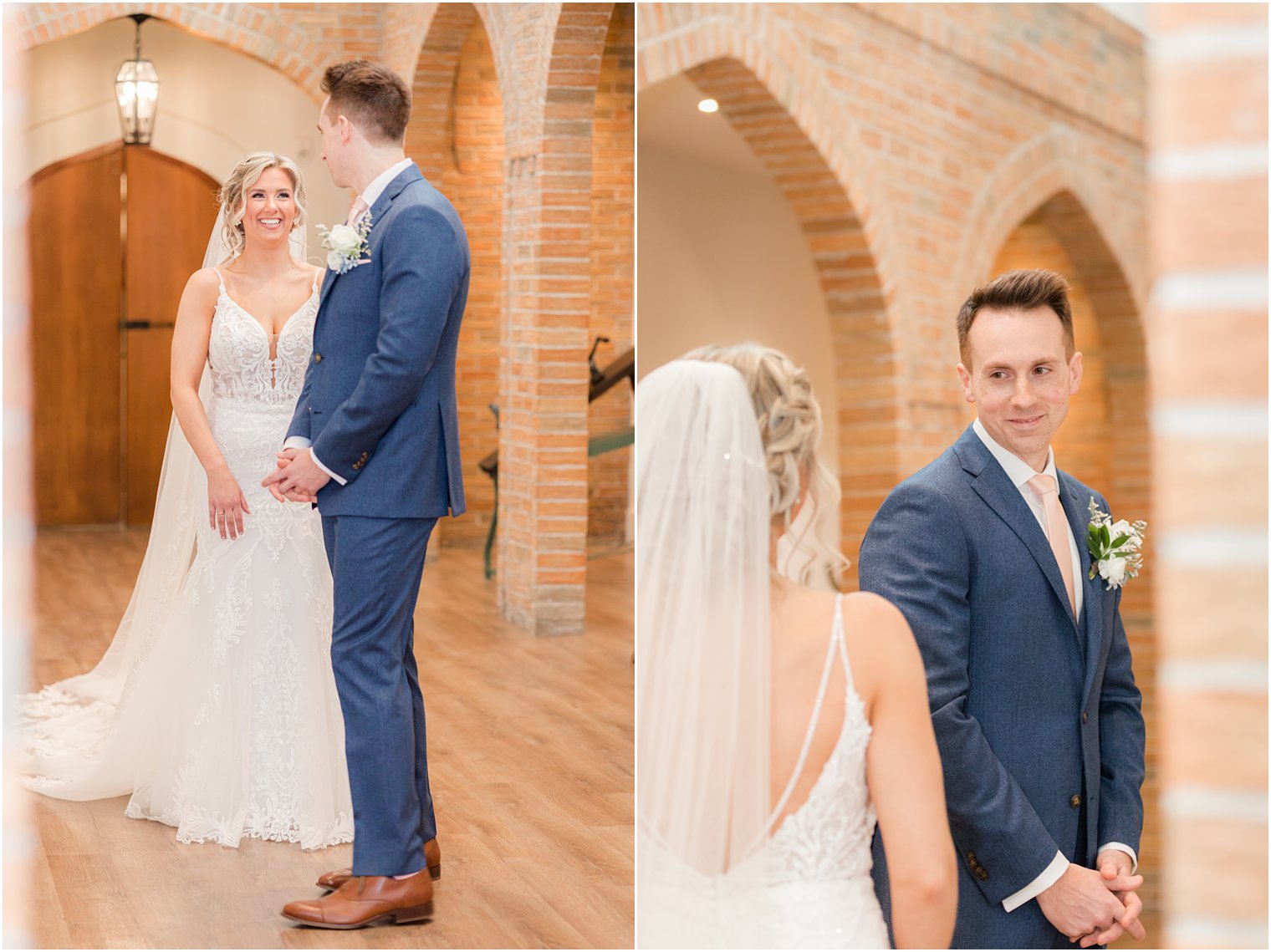 groom's reaction during first look in wine cellar at Renault Winery in Egg Harbor Township, NJ