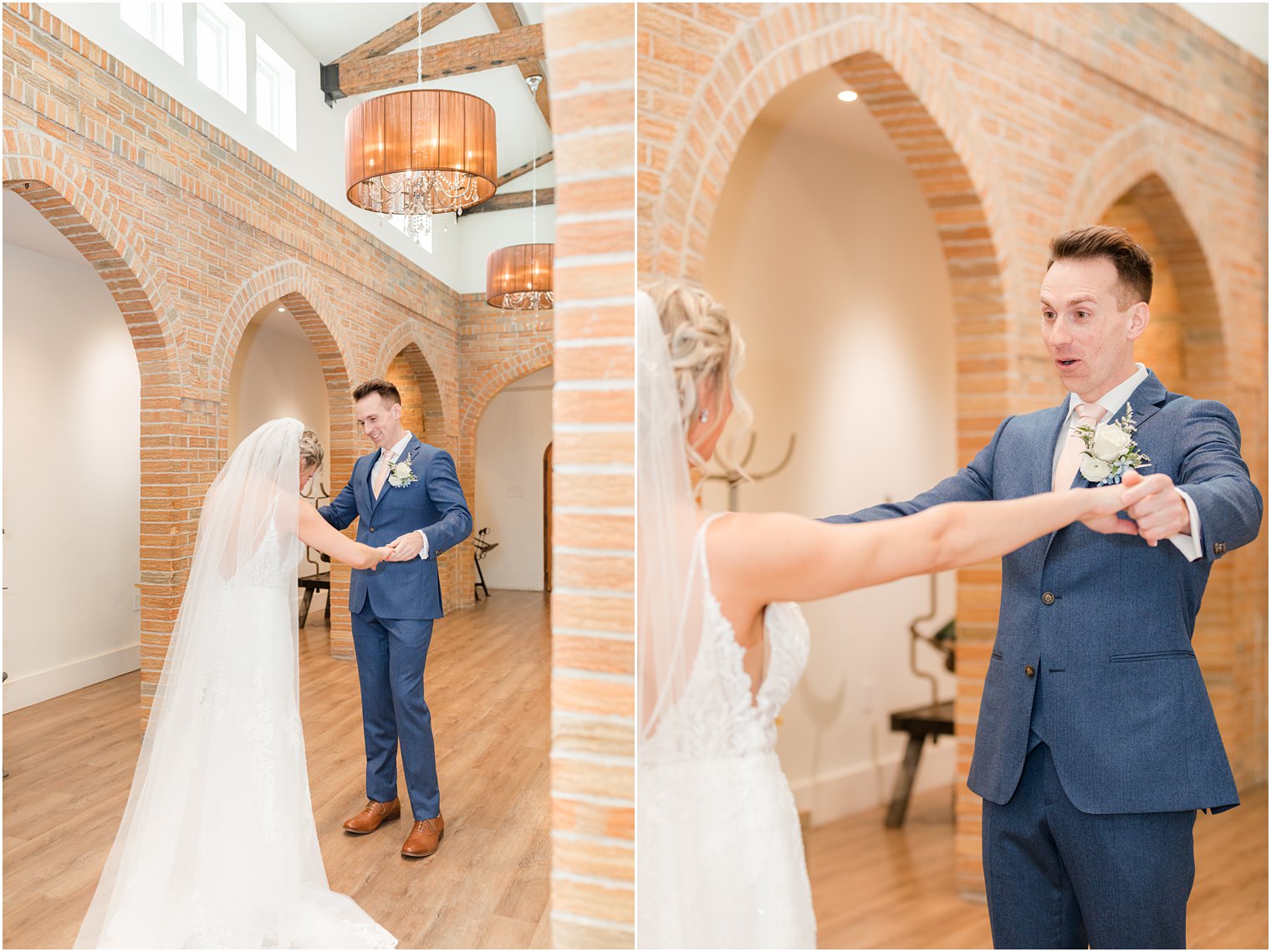 groom seeing his bride for the first time at first look in wine cellar at Renault Winery in Egg Harbor Township, NJ