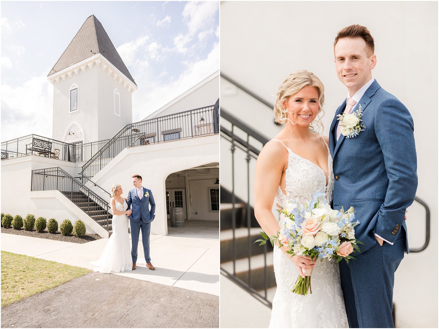 Bride and groom photos outside of Vineyard Ballroom at Renault Winery in Egg Harbor Township, NJ