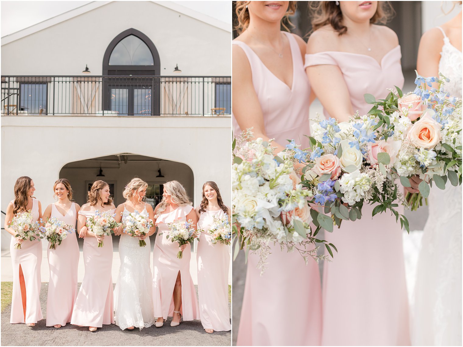 bridesmaids wearing pink dresses with pastel florals from Betinas at Renault Winery in Egg Harbor Township, NJ
