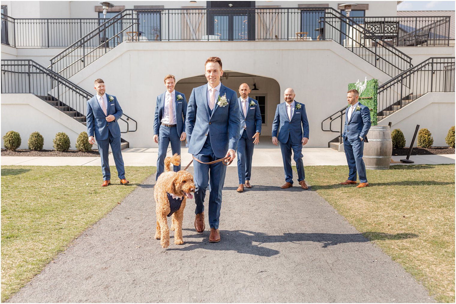 groomsmen walking with dog at Renault Winery in Egg Harbor Township, NJ