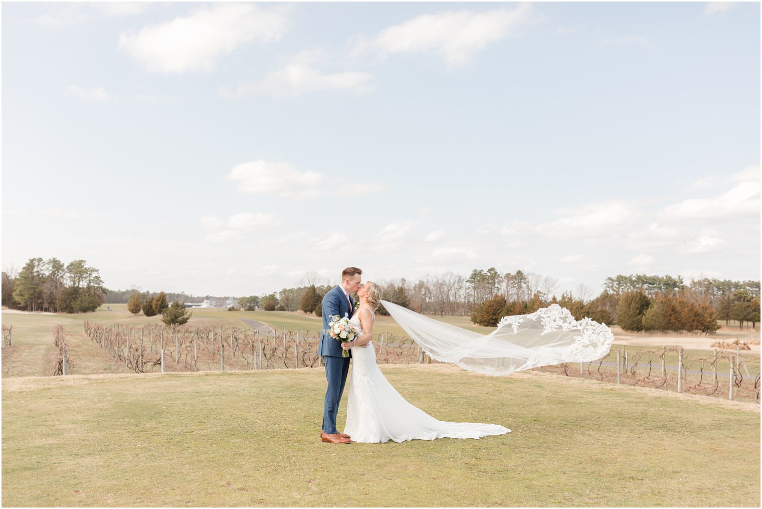 bride and groom in vineyard with veil blowing in the wind at Renault Winery in Egg Harbor Township, NJ