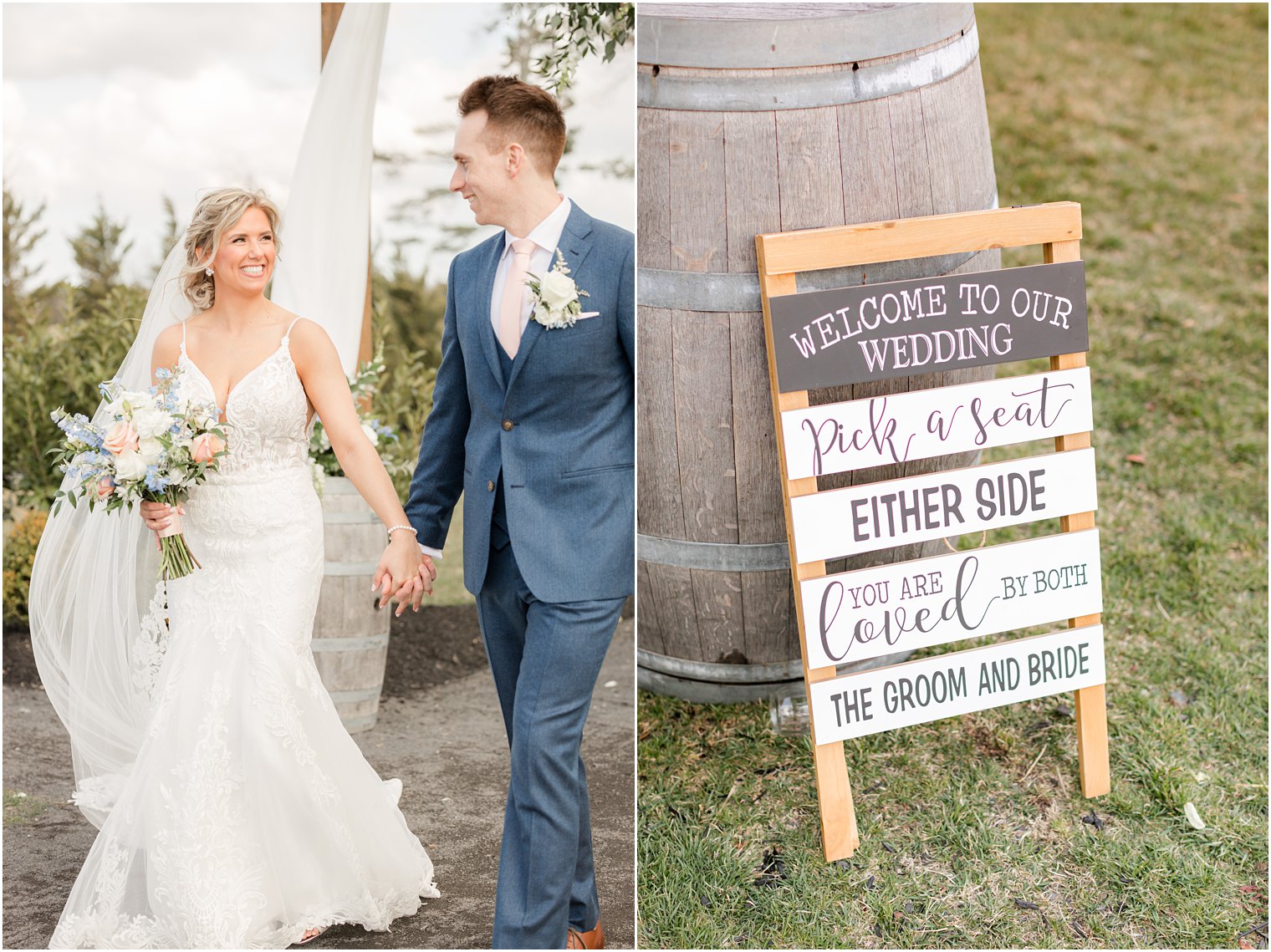 bride and groom walking holding hands