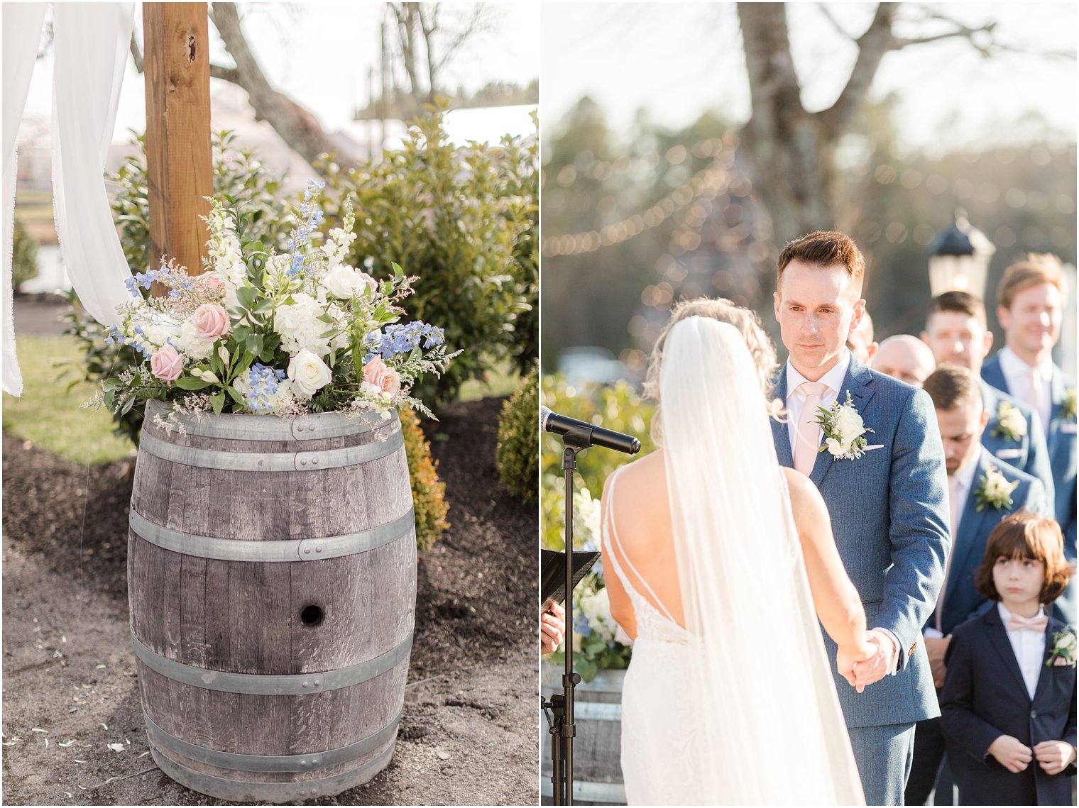 groom looking at bride during outdoor ceremony at Renault Winery in Egg Harbor Township, NJ