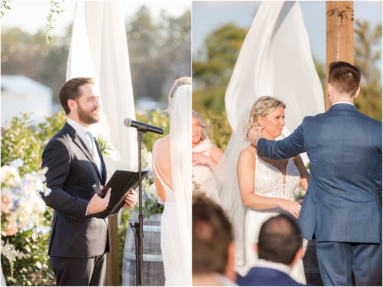 bride and groom at during outdoor ceremony at Renault Winery in Egg Harbor Township, NJ