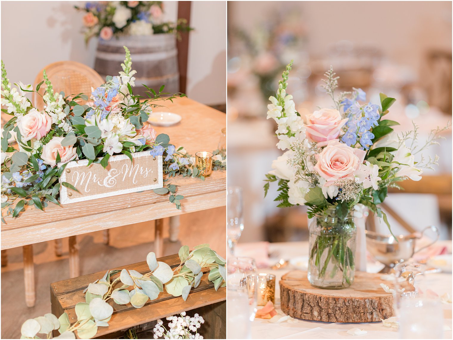 floral center pieces at rustic wedding reception in Vineyard Ballroom at Renault Winery South Jersey Venue in Egg Harbor Township NJ