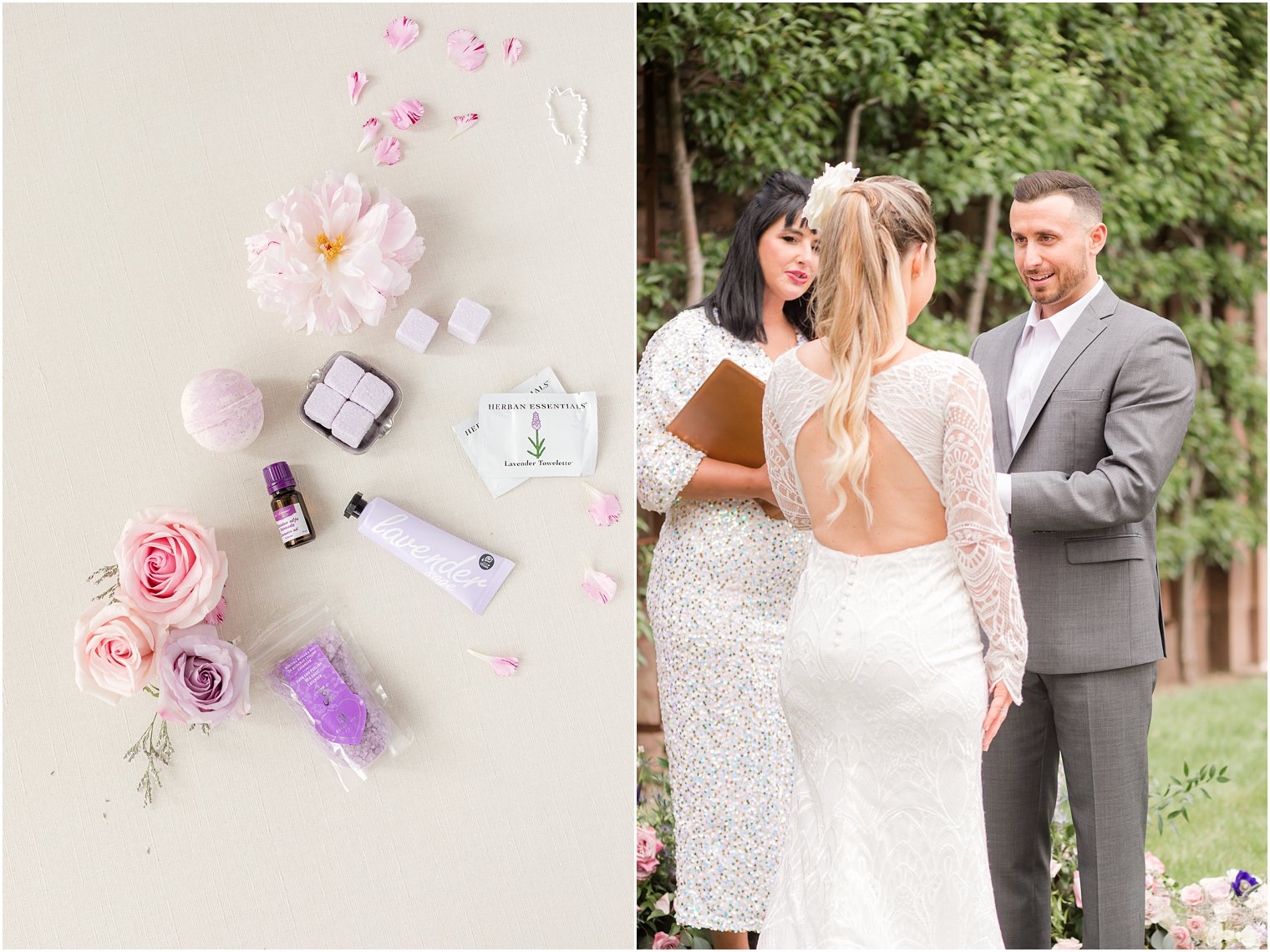 pastel details for bride and groom reading vows during garden wedding ceremony 