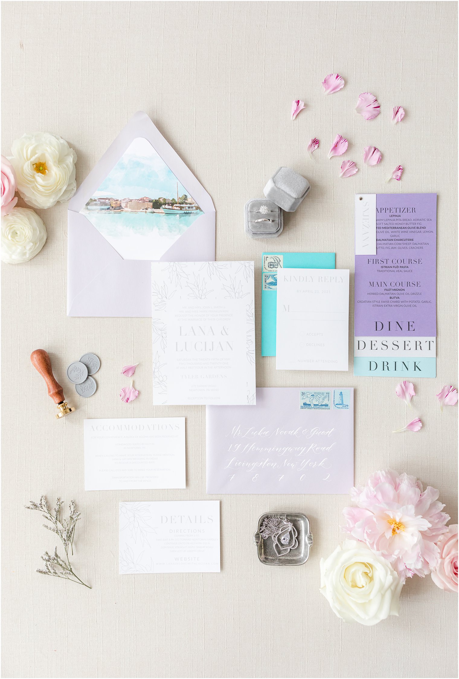 pastel wedding invitation suite with watercolor envelope liner for Croatian inspired minimony at Tyler Gardens