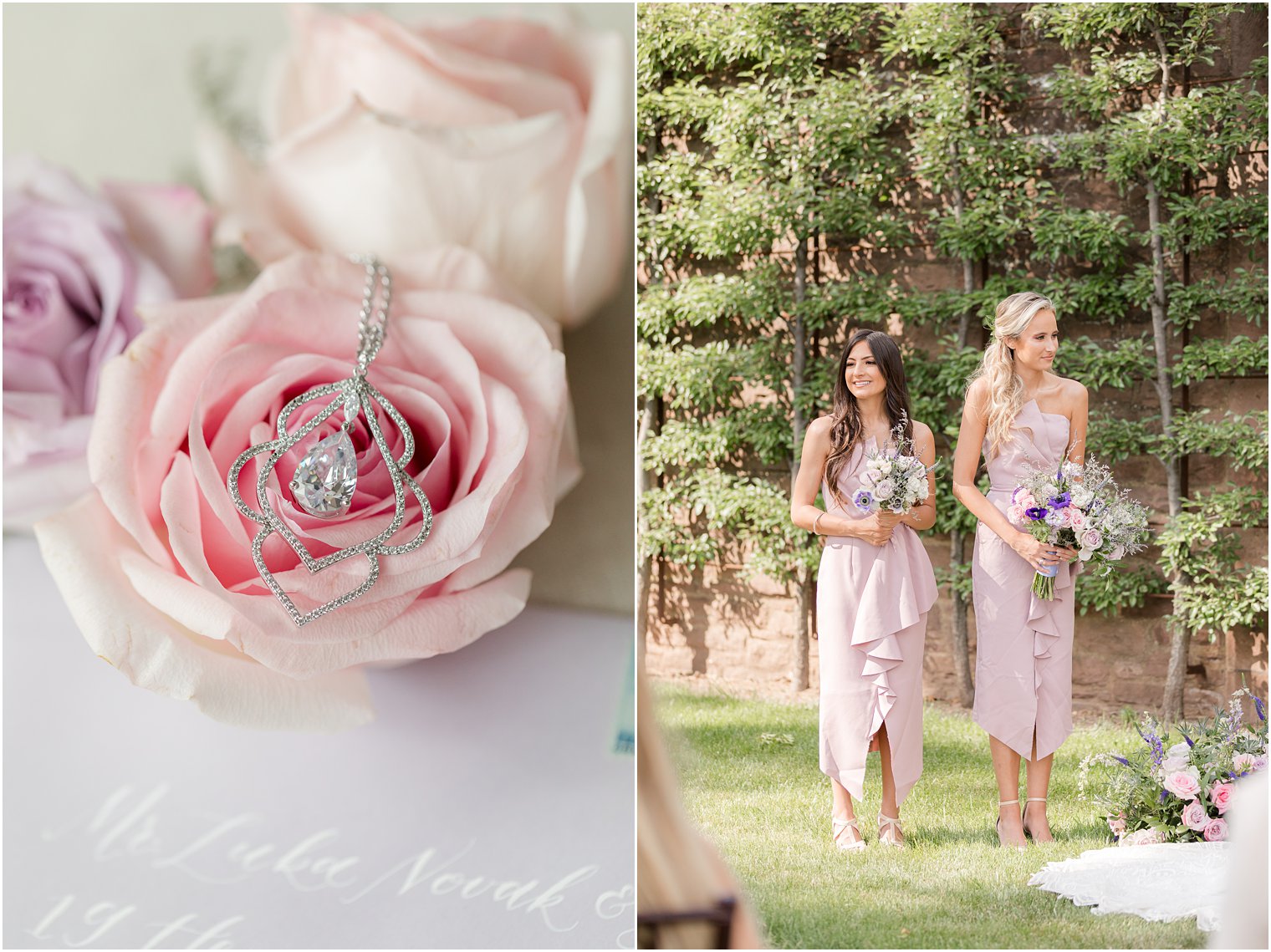 bridesmaids in pastel pink gowns stand in garden during ceremony 