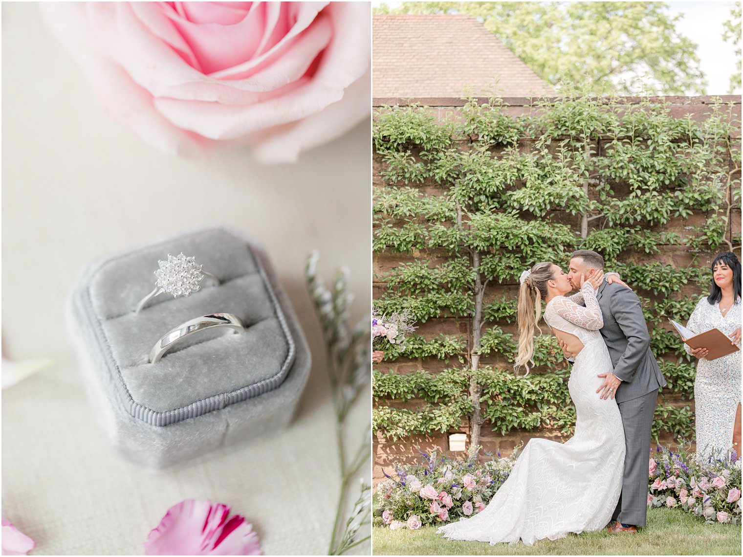 bride and groom kiss during wedding ceremony in gardens