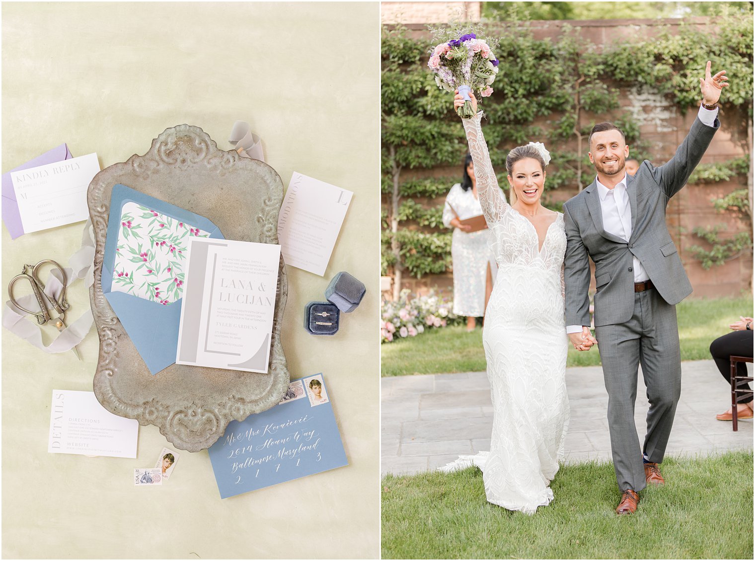 couple cheers leaving ceremony at Tyler Gardens and blue and purple invitation suite 