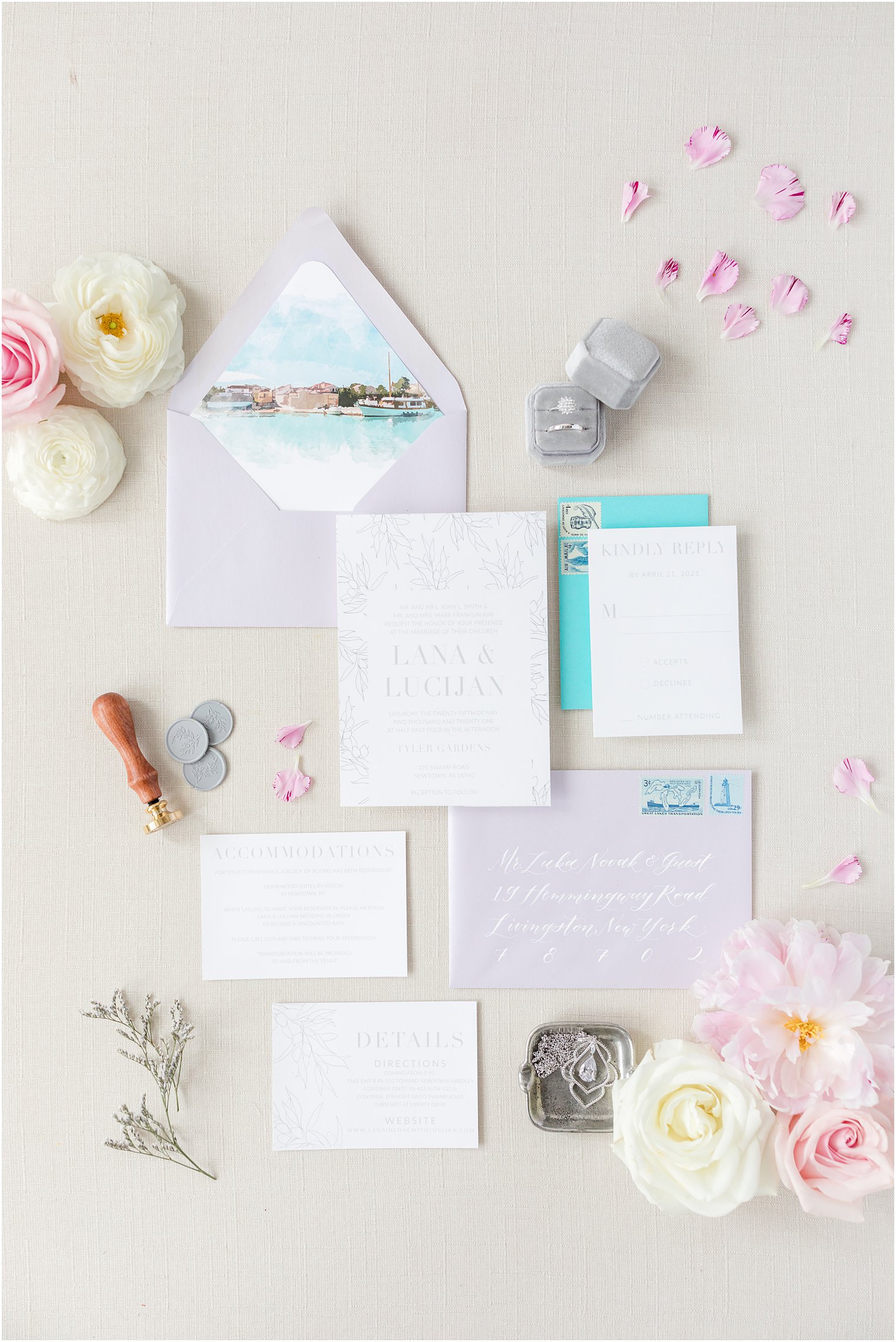 pastel invitation suite for Croatian inspired minimony at Tyler Gardens