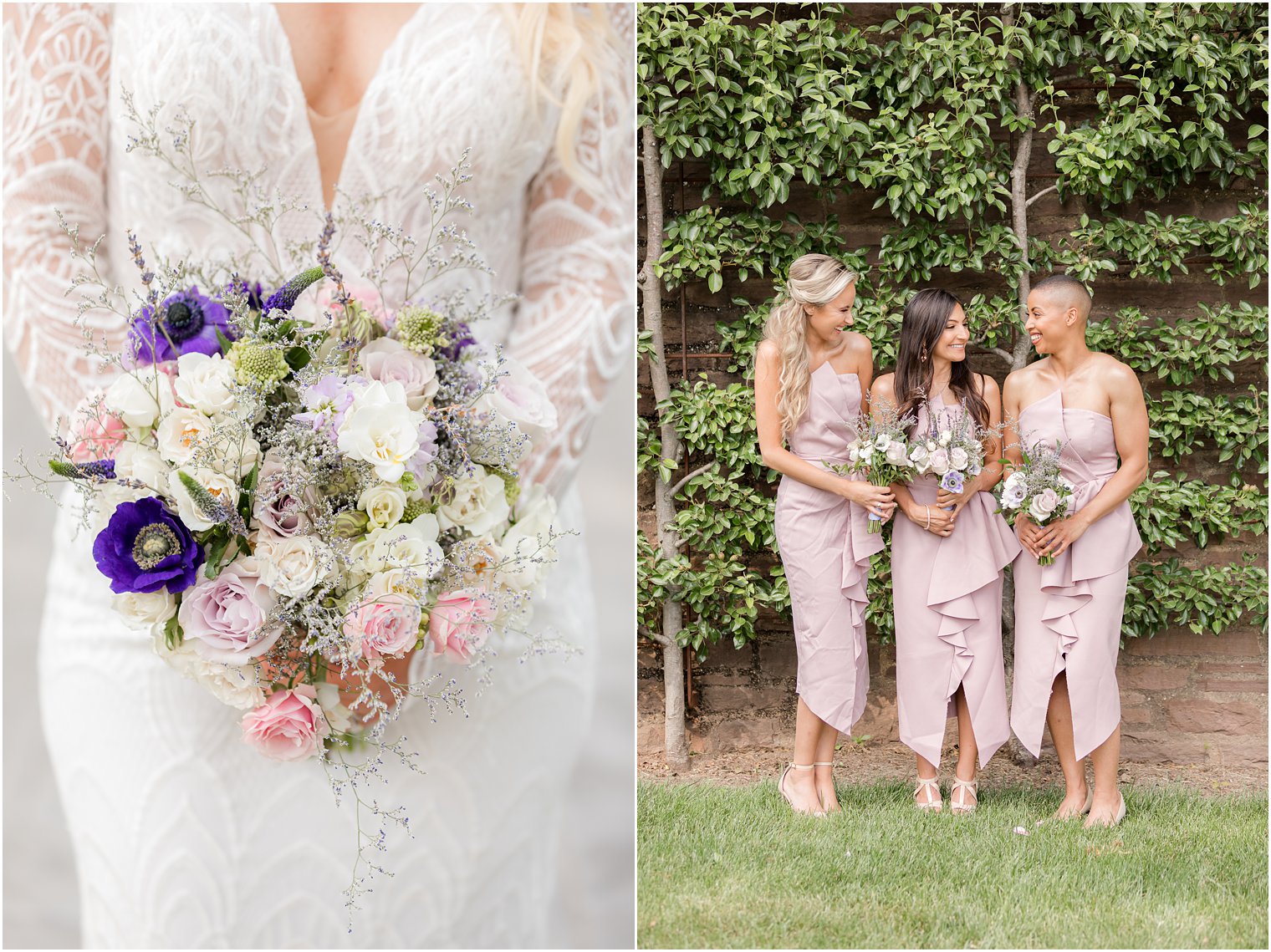 bride and bridesmaids hold bouquet of pastel pink and purple flowers 