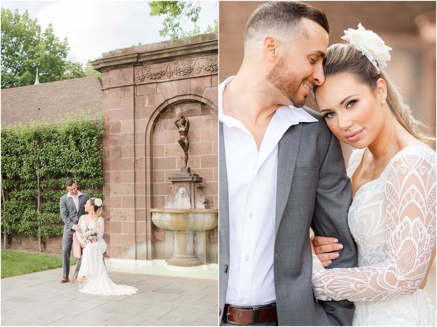bride leans on groom's arm in grey suit alongside brick fountain in Tyler Gardens